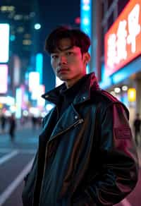 cosplayer man in a cyberpunk outfit, posing against the backdrop of bright city lights