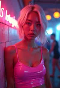 man with platinum blonde hair, in neon bar, cyberpunk, pink latex crop top, professional award winning photography, beautiful detailed eyes, highly detailed glossy eyes, high detailed skin, skin pores