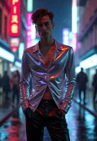 man wearing sleek leather pants with neon highlights and holographic top in a Bladerunner-inspired cityscape