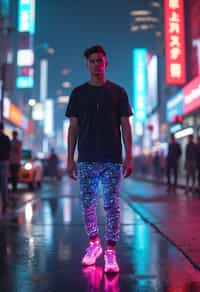 man wearing sporty neon  t-shirt and holographic joggers in a dystopian digital cityscape