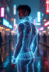 man wearing  holographic nightclub outfit in a cybernetic cityscape