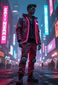 cyberpunk man with futuristic cyberpunk neon clothes standing in cyberpunk city with neon lights city on Mars in future, neon billboards, skyscrapers