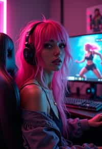 amazingly detailed man, masterpiece, ultra hd, full shot, dynamic angle, beautiful girl, computer gamer, gaming computer, gaming chair, playing cyberpunk 2077, neon bedroom, streamer setup, , cyberpunk theme, wild long hair, Wavy Cut with Curtain Bangs, bubblegum pink hair, high detail hair, smokey eye shadow, high detail skin, high detail eyes, seductive eyes, smokey makeup