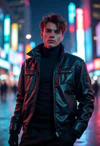 cosplayer man in a cyberpunk outfit, posing against the backdrop of bright city lights