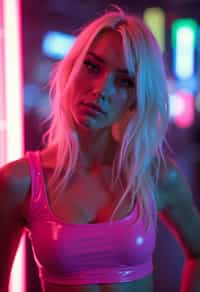 man with platinum blonde hair, in neon bar, cyberpunk, pink latex crop top, professional award winning photography, beautiful detailed eyes, highly detailed glossy eyes, high detailed skin, skin pores