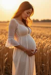 healthy pregnant woman in maternity photographs, beautiful pregnant woman, maternity photography in field of wheat. golden hour