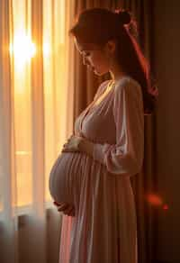 healthy pregnant woman in maternity photographs, beautiful pregnant woman, maternity photography in beautiful home. golden hour