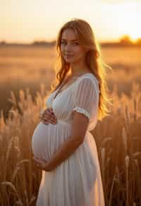 healthy pregnant woman in maternity photographs, beautiful pregnant woman, maternity photography in field of wheat. golden hour