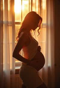 healthy pregnant woman in maternity photographs, beautiful pregnant woman, maternity photography in beautiful home. golden hour