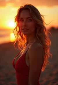 woman in sophisticated evening wear , radiating allure under the soft glow of a sunset