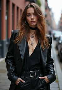 woman in daring, edgy ensemble  against an edgy urban backdrop