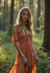 woman with enticing allure in flowy bohemian dress  in a serene forest setting