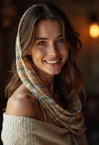 woman with a seductive smile, donned in a soft silk scarf , under warm indoor lighting