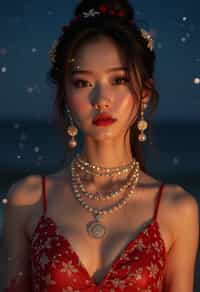 woman with magnetic appeal, adorned in sparkling jewelry , against a starry night backdrop