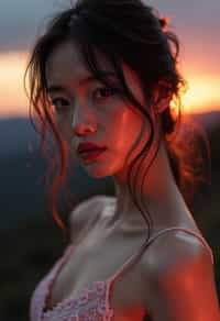 woman with enticing gaze, adorned with a delicate lace outfit  against a twilight backdrop