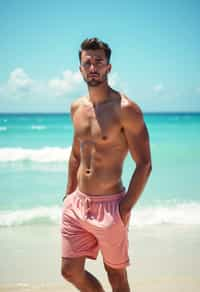 (full-body shot) of man in a  smart casual beach attire, posed against a vibrant beach setting