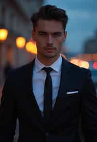 man with enticing gaze, adorned with  sharp, stylish suit against a twilight backdrop