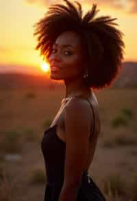 woman in sophisticated evening wear , radiating allure under the soft glow of a sunset