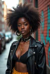 woman in daring, edgy ensemble  against an edgy urban backdrop