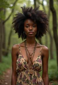 woman with enticing allure in flowy bohemian dress  in a serene forest setting