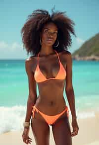 (full-body shot) of woman in a sultry beachwear ensemble , posed against a vibrant beach setting