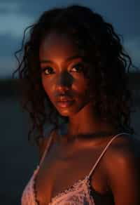 woman with enticing gaze, adorned with a delicate lace outfit  against a twilight backdrop