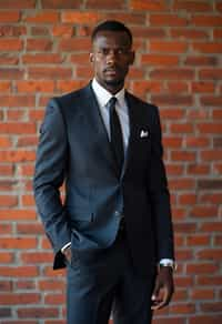 (full-body shot) of man in  sharp, tailored suit against a classic brick wall background