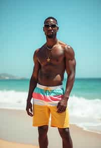 (full-body shot) of man in a  smart casual beach attire, posed against a vibrant beach setting