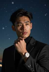 man with magnetic appeal, adorned in  luxurious cufflinks, against a starry night backdrop