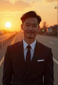 man in  dapper suit, radiating allure under the soft glow of a sunset