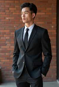 (full-body shot) of man in  sharp, tailored suit against a classic brick wall background