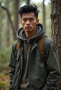 man with enticing allure in  rugged outdoor outfit in a serene forest setting