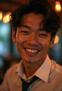 man with a seductive smile, donned in a  classy tie, under warm indoor lighting