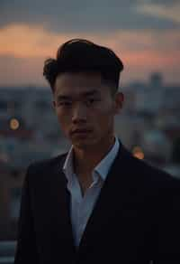 man with enticing gaze, adorned with  sharp, stylish suit against a twilight backdrop