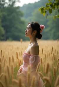 woman outside in nature in forest or jungle or a field of wheat enjoying the natural world