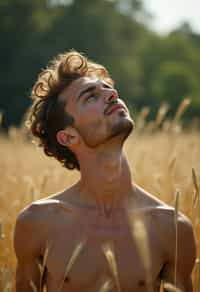 man outside in nature in forest or jungle or a field of wheat enjoying the natural world