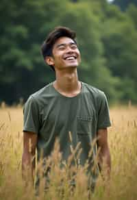 man outside in nature in forest or jungle or a field of wheat enjoying the natural world