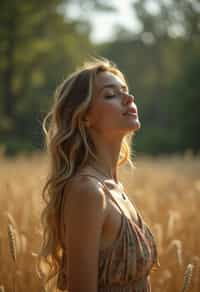 woman outside in nature in forest or jungle or a field of wheat enjoying the natural world