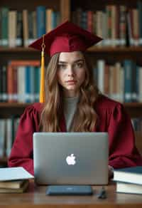 a graduate woman surrounded by books and a laptop in unversity