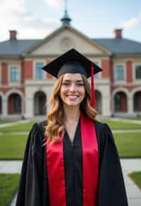 a graduate woman in their academic regalia, standing in front of their university building