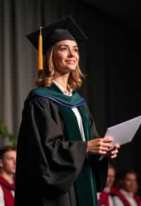 a graduate woman in their academic gown at stage to receive their diploma