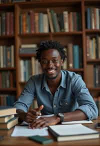 a graduate man surrounded by books and a laptop in unversity