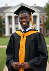 a graduate man in their academic regalia, standing in front of their university building