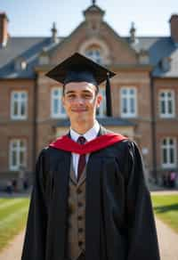 a graduate man in their academic regalia, standing in front of their university building