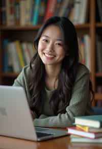 a graduate woman surrounded by books and a laptop in unversity