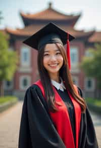 a graduate woman in their academic regalia, standing in front of their university building