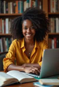 a graduate woman surrounded by books and a laptop in unversity