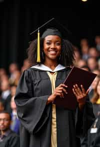 a graduate woman in their academic gown at stage to receive their diploma