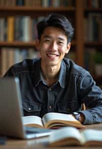 a graduate man surrounded by books and a laptop in unversity