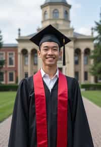 a graduate man in their academic regalia, standing in front of their university building